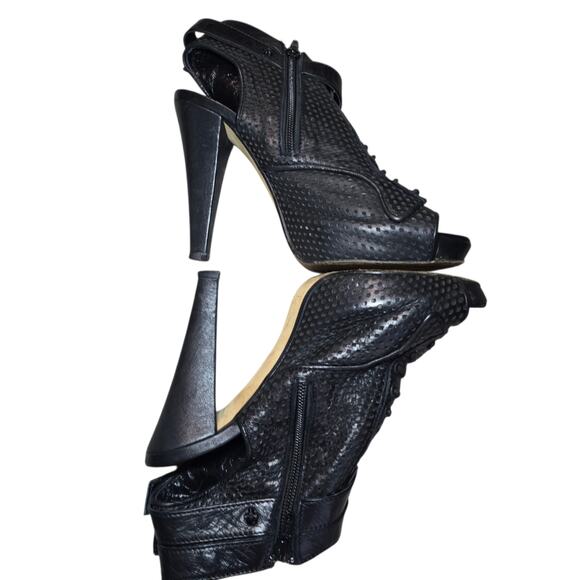 The Kooples Black Leather Peep Toe Cutout Heels Size 38 Lace Up Buckle Booties - Picture 3 of 8